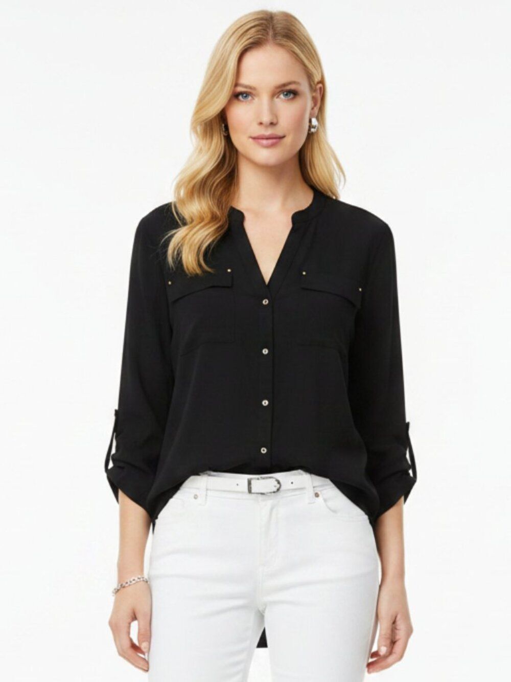 Calvin Klein Black Button Front Collar-less Long Sleeve Blouse Top NEW 1X